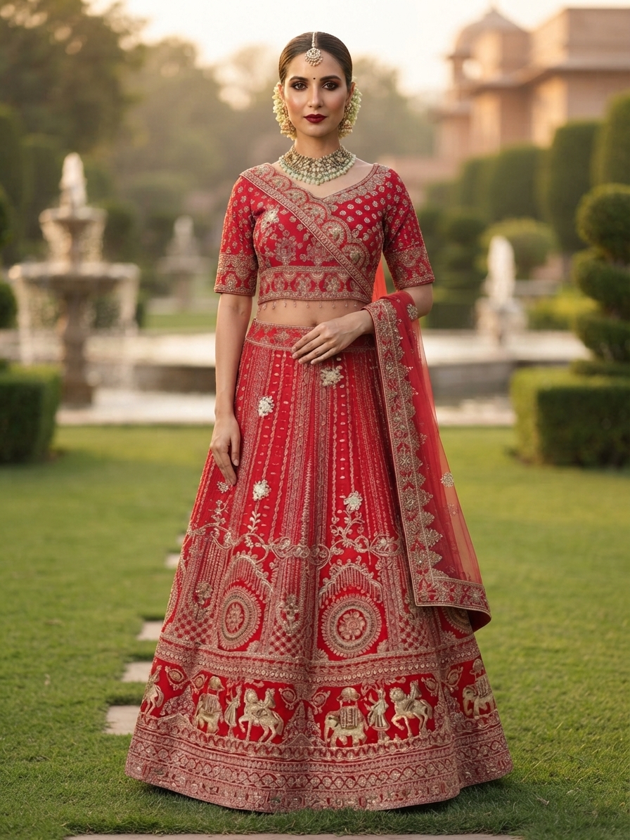 Red Raw Silk Bridal Lehenga Set with Half Sleeves and Sequins