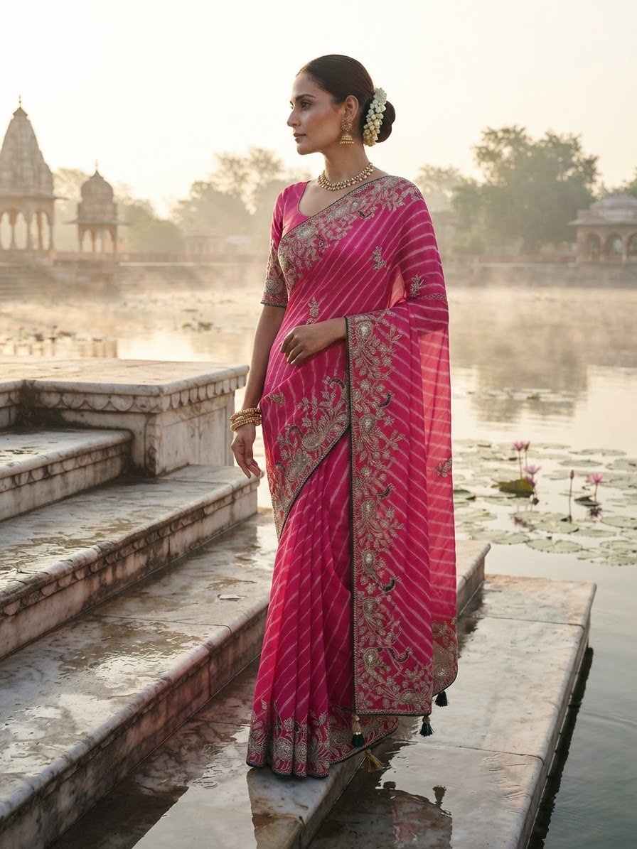 Pink Striped Georgette Saree with Aari Work