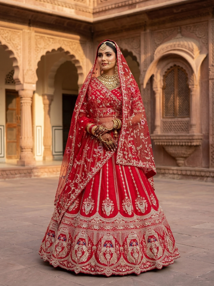 Bridal Lehnga - Sartaj -15 — Indian bride wearing it · Palace courtyard