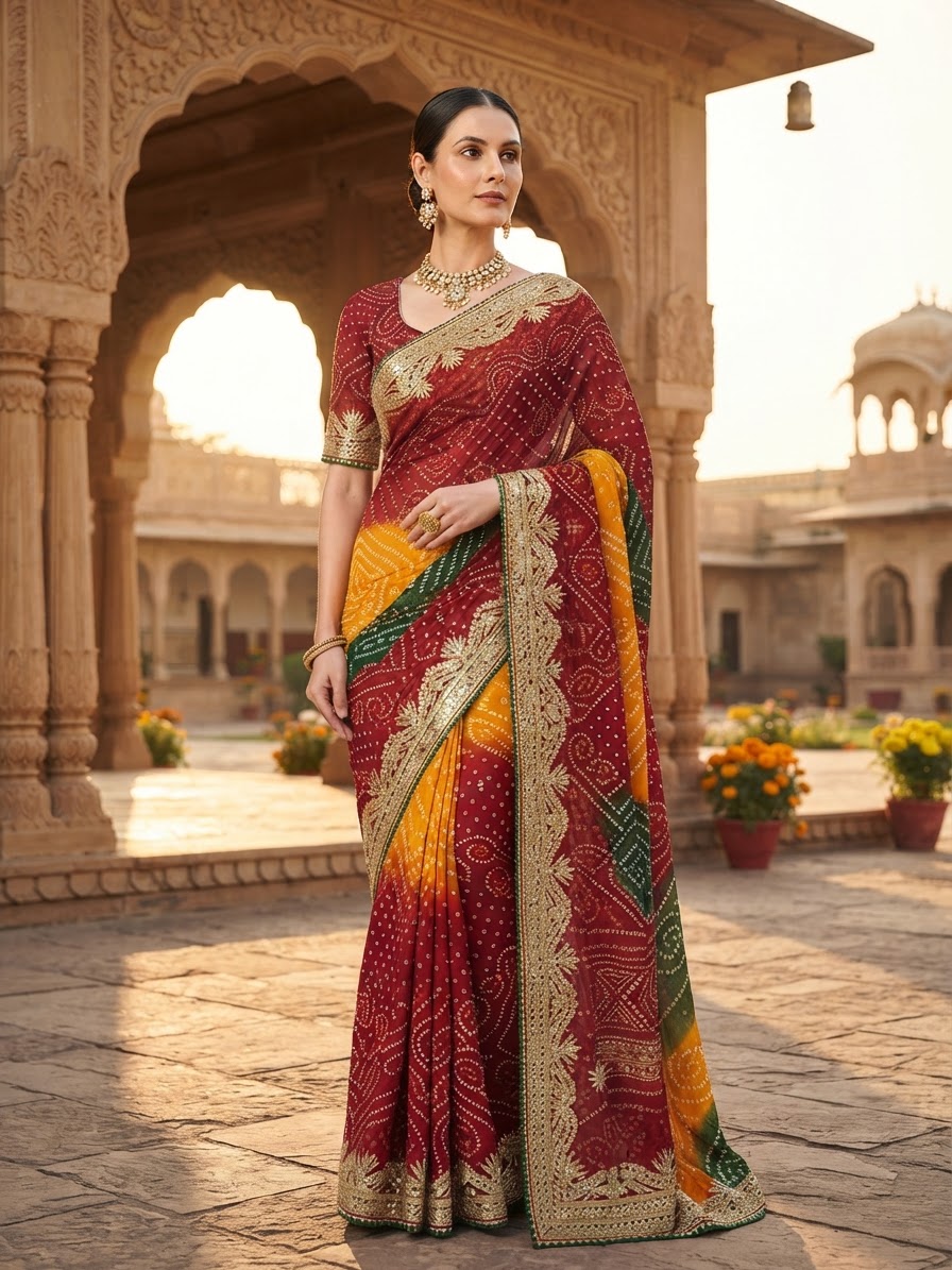 Maroon and Yellow Bandhani Georgette Saree