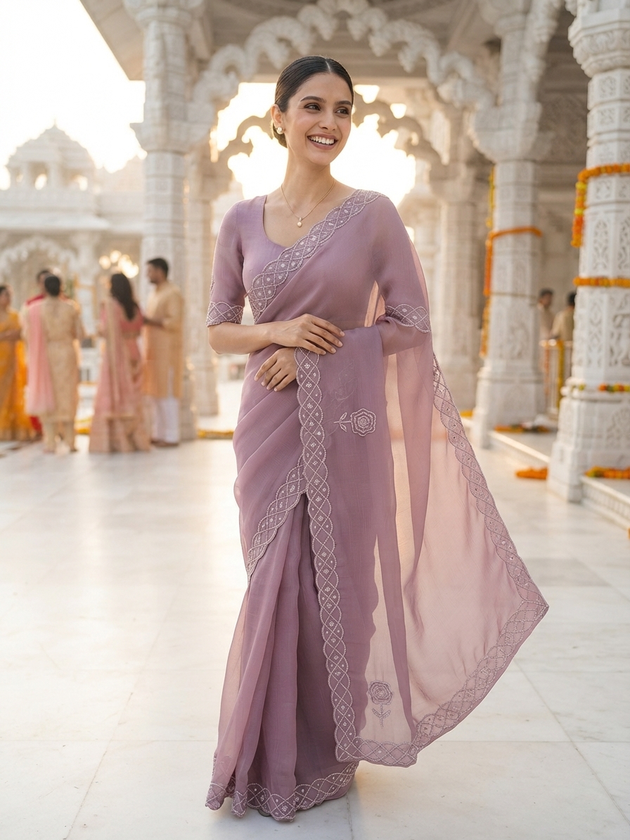Mauve Chiffon Saree with Pearl & Stone Work