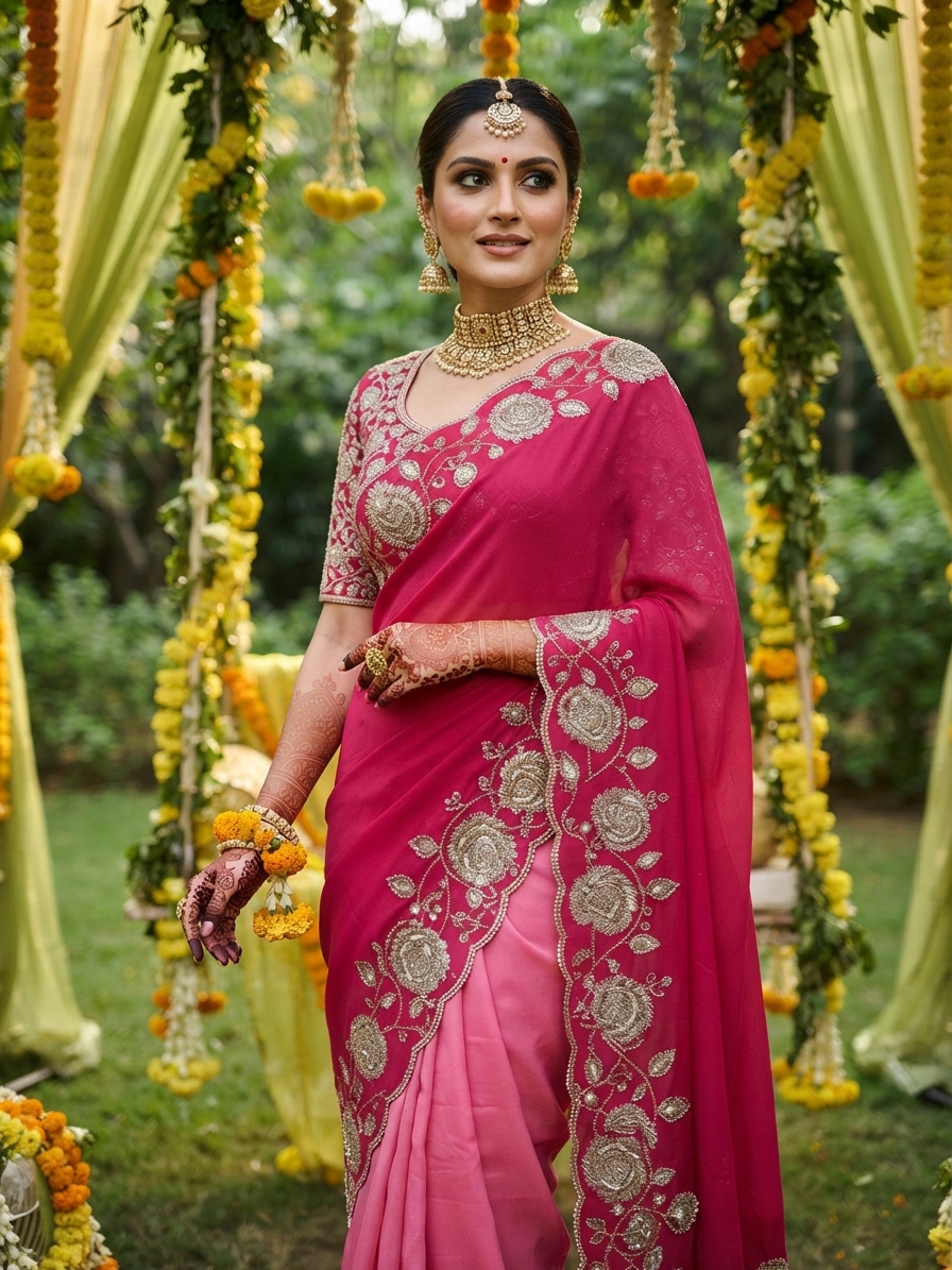Pink Crepe Bandhani Saree with Embellishments