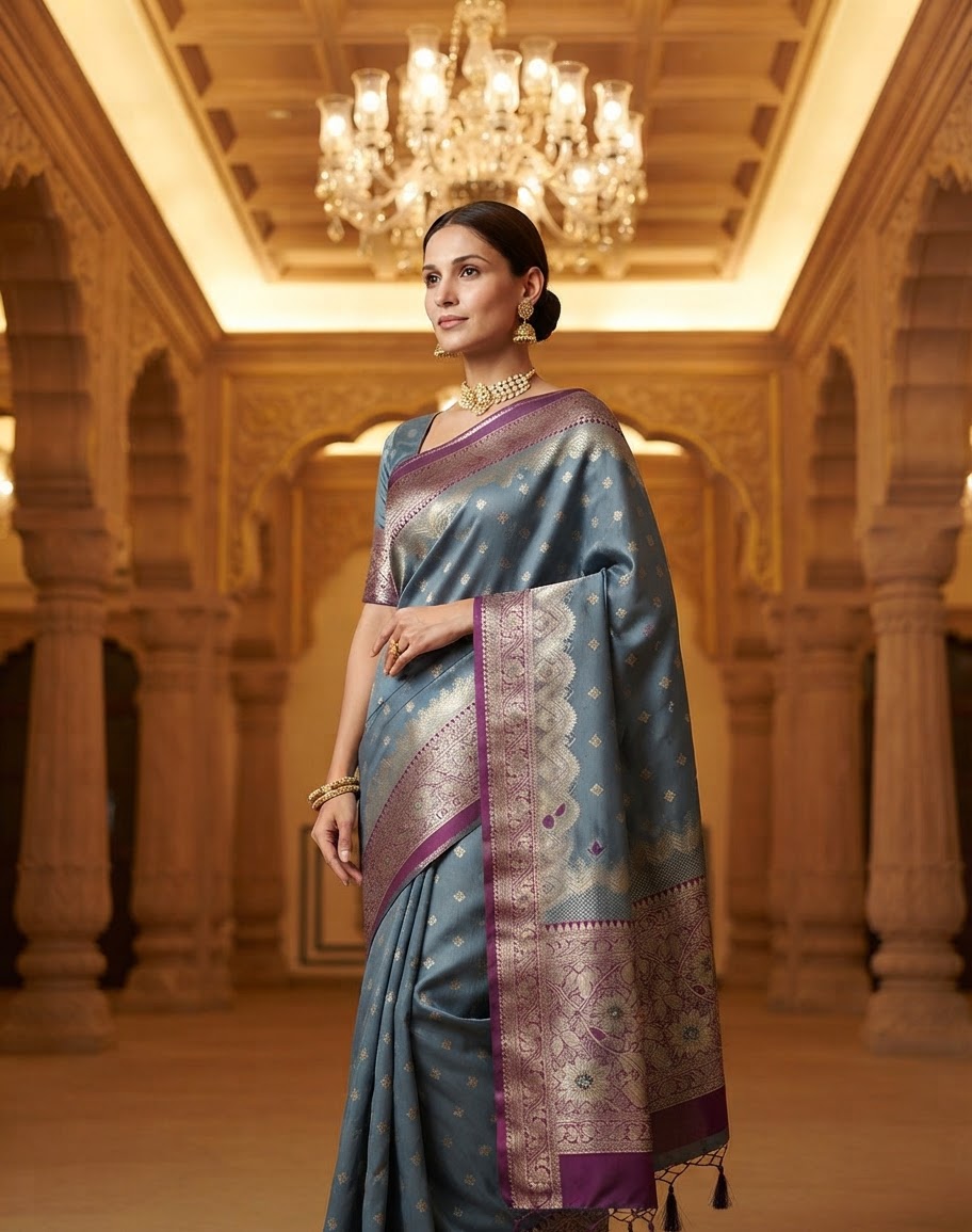 Blue Banarasi Silk Saree with Zari Border