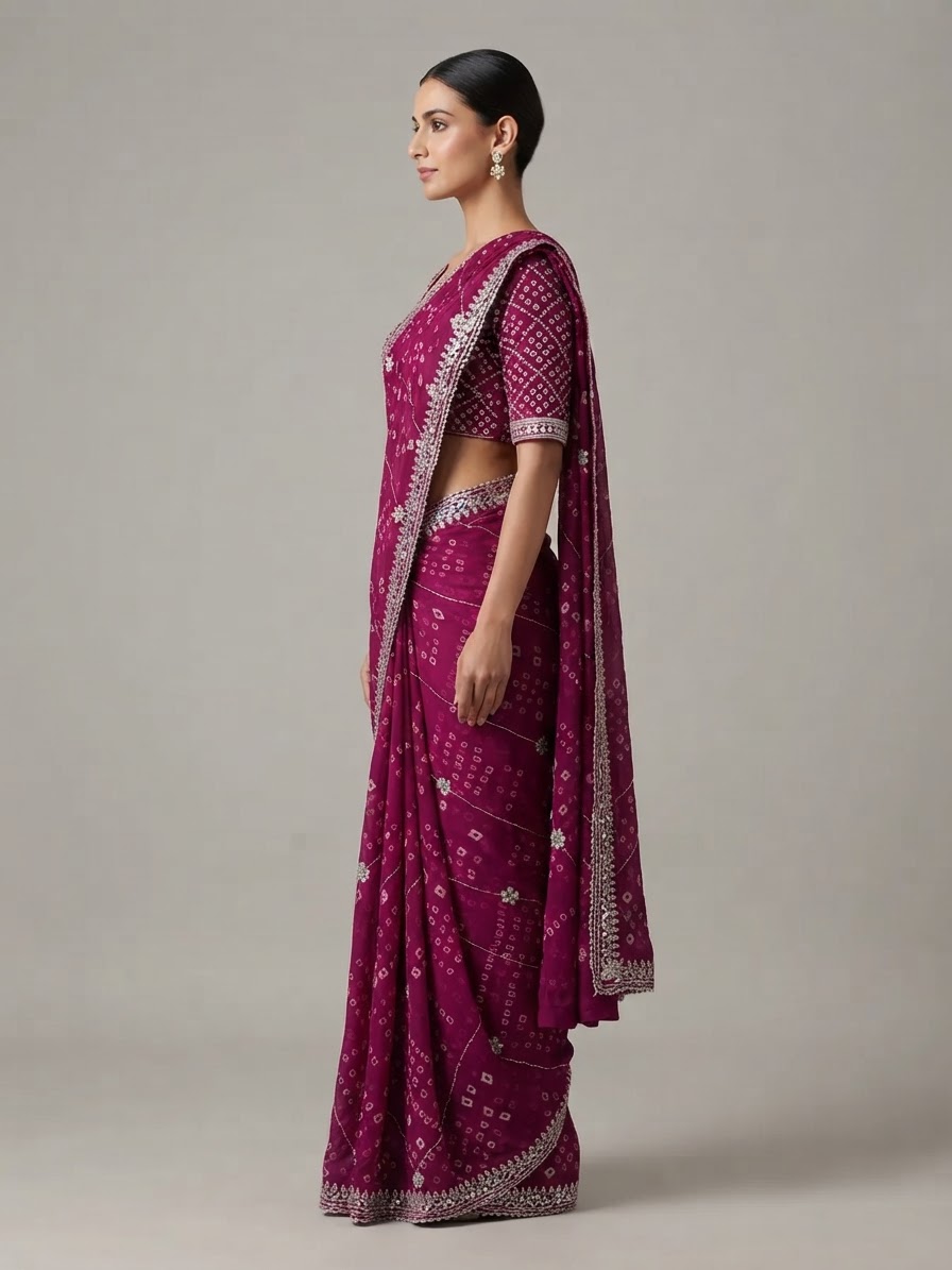 Bandhani Saree — Model — left side view