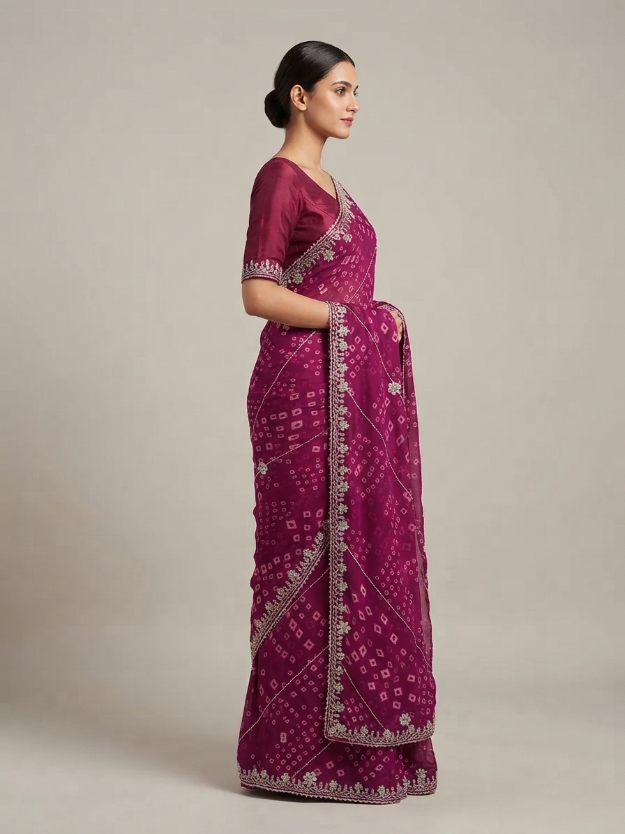 Bandhani Saree — Model — right side view