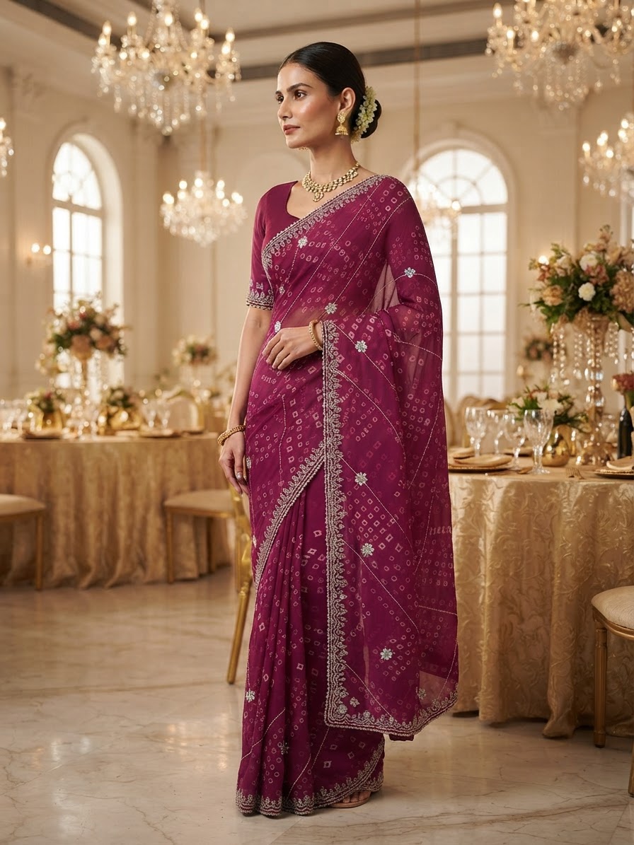Wine Georgette Bandhani Saree with Cutdana and Mirror Work