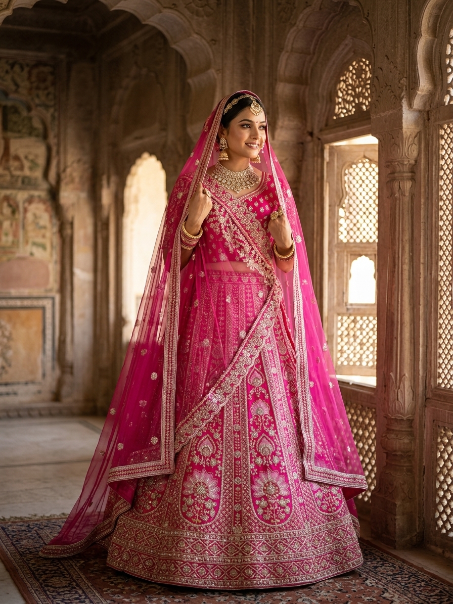 Rani Pink Bridal Raw Silk Lehenga Set