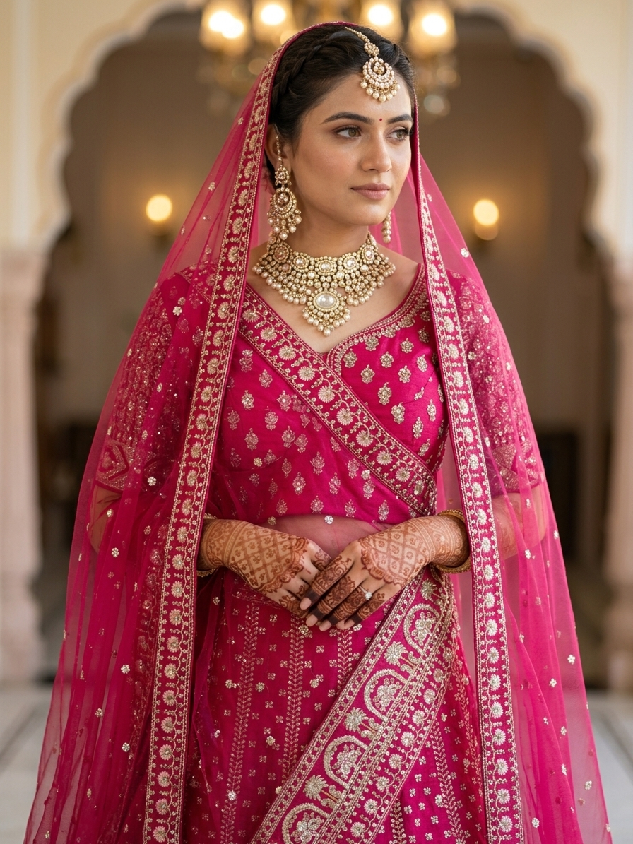 Rani Pink Embroidered Bridal Lehenga Set