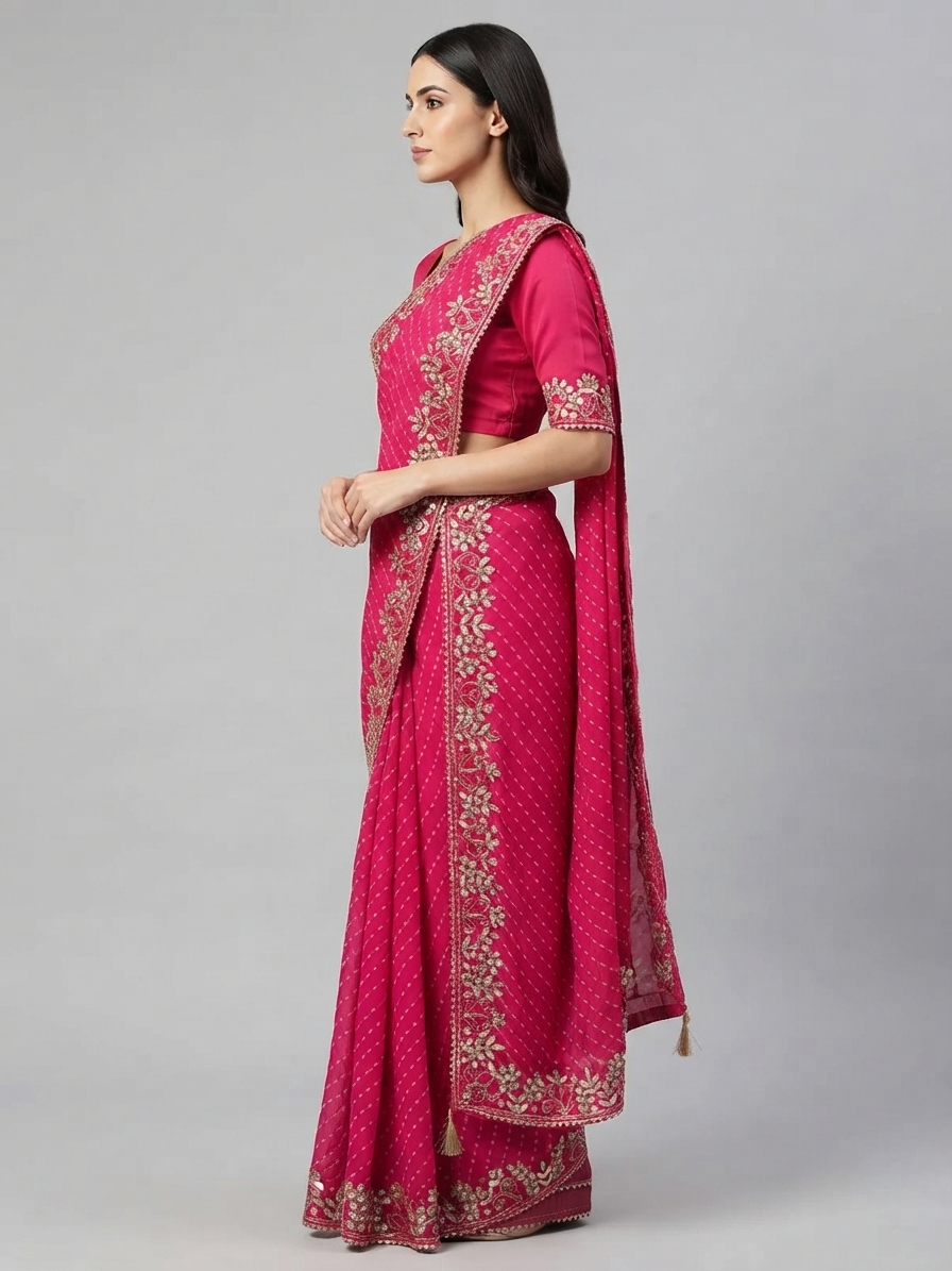 Bandhani Saree — Model — left side view