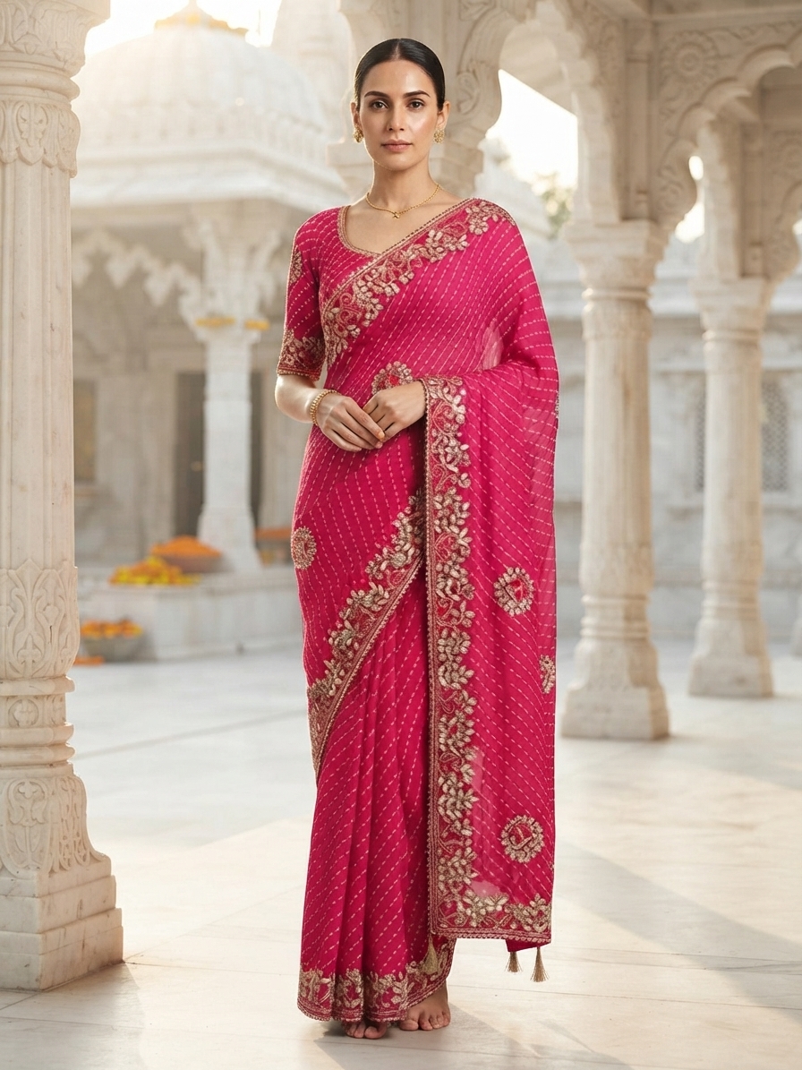Rani Pink Georgette Bandhani Saree with Hand Embroidery