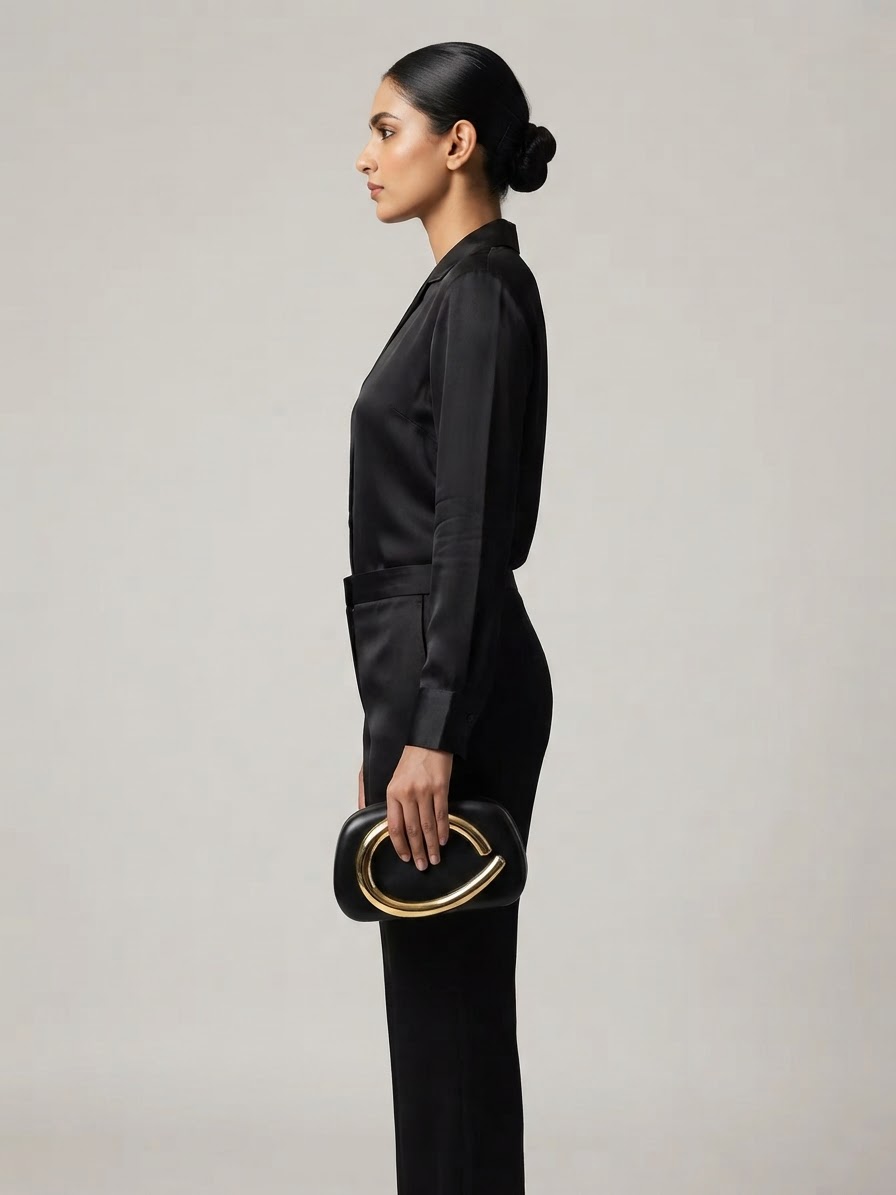 Black Resin Clutch with Gold-Tone Link Detail