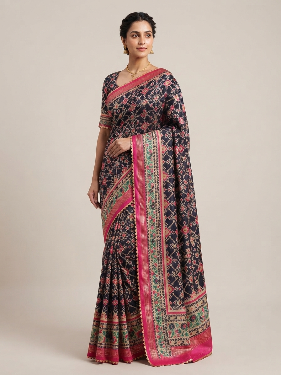 Printed Tussar Silk Saree | Ethnic Designer