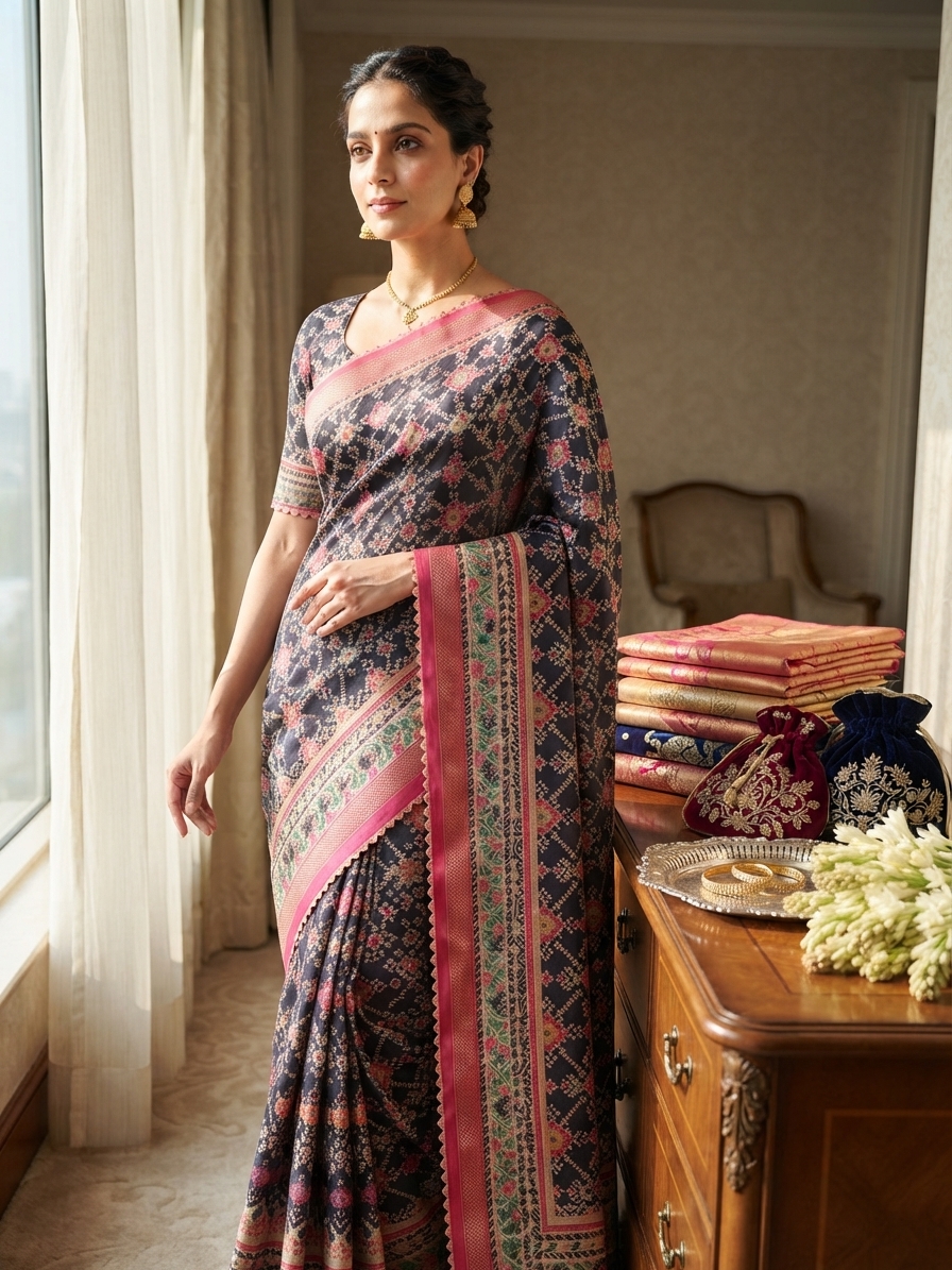 Festive woman wearing it · Luxury hotel suite