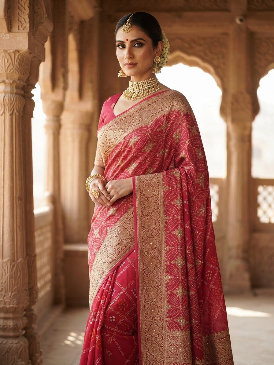Rani Pink Bandhani Saree with Zardozi and Gota Patti Work