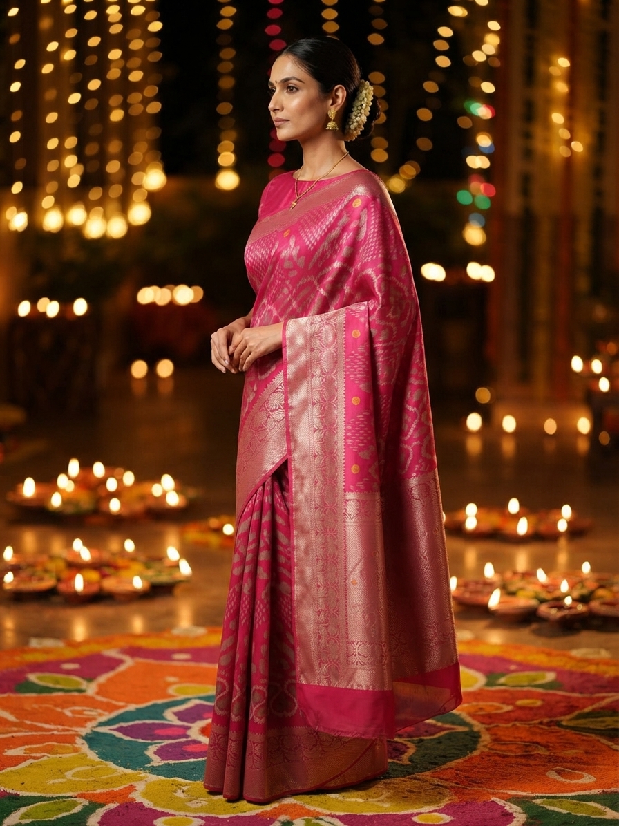 Pink Zari Woven Georgette Saree