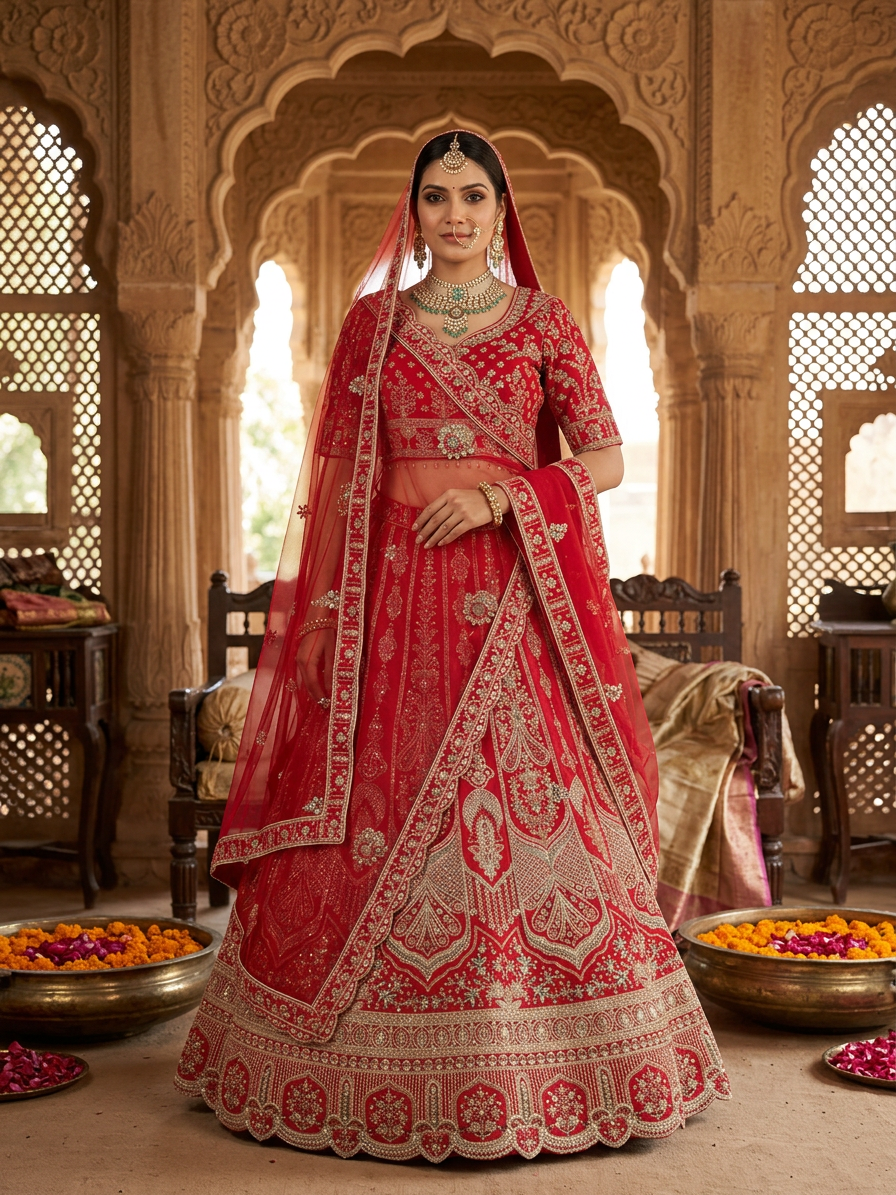 Red Bridal Lehenga with Dabka and Stone Detailing