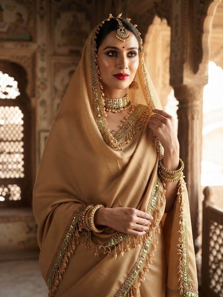 Gold Pashmina Shawl with Embellished Border