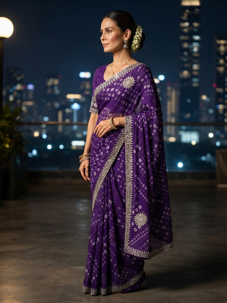 Purple Bandhani Georgette Saree with Gota Patti Work