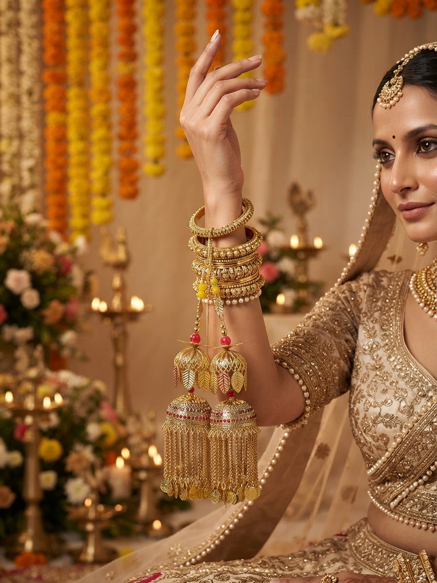 Gold-Tone Tiered Bell Charm Bridal Kaleera with Leaf Accents
