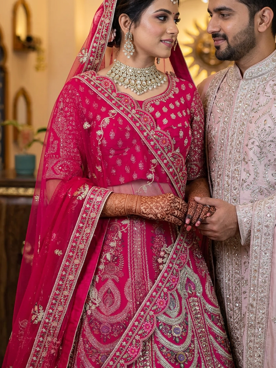 Rani Pink Bridal Lehenga Set with Pearl and Sequin Embellishments