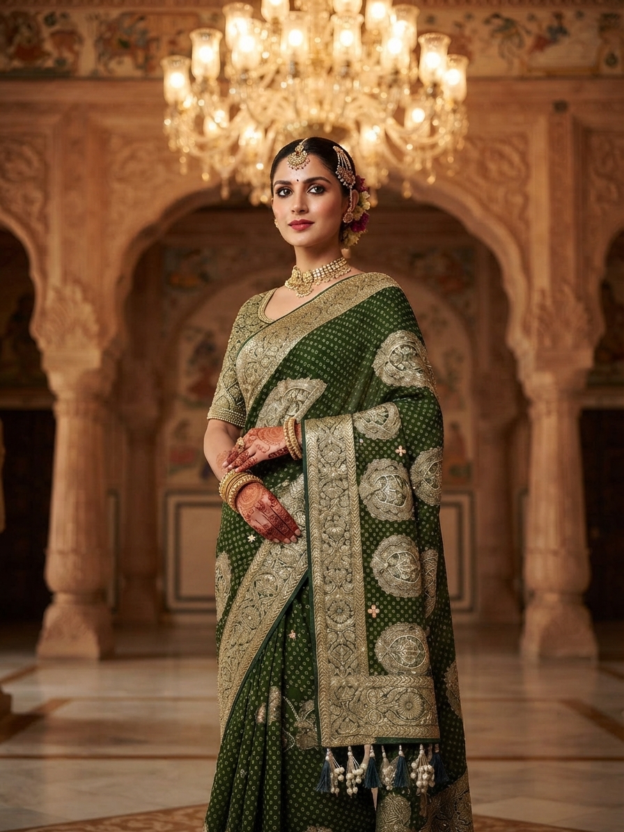 Green Georgette Bandhani Saree with Zari Work