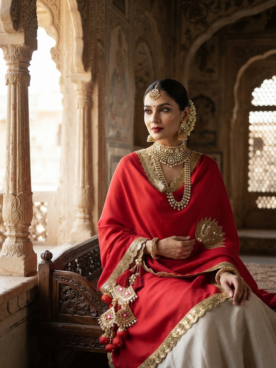Red Pashmina Shawl with Gota Patti & Tassels