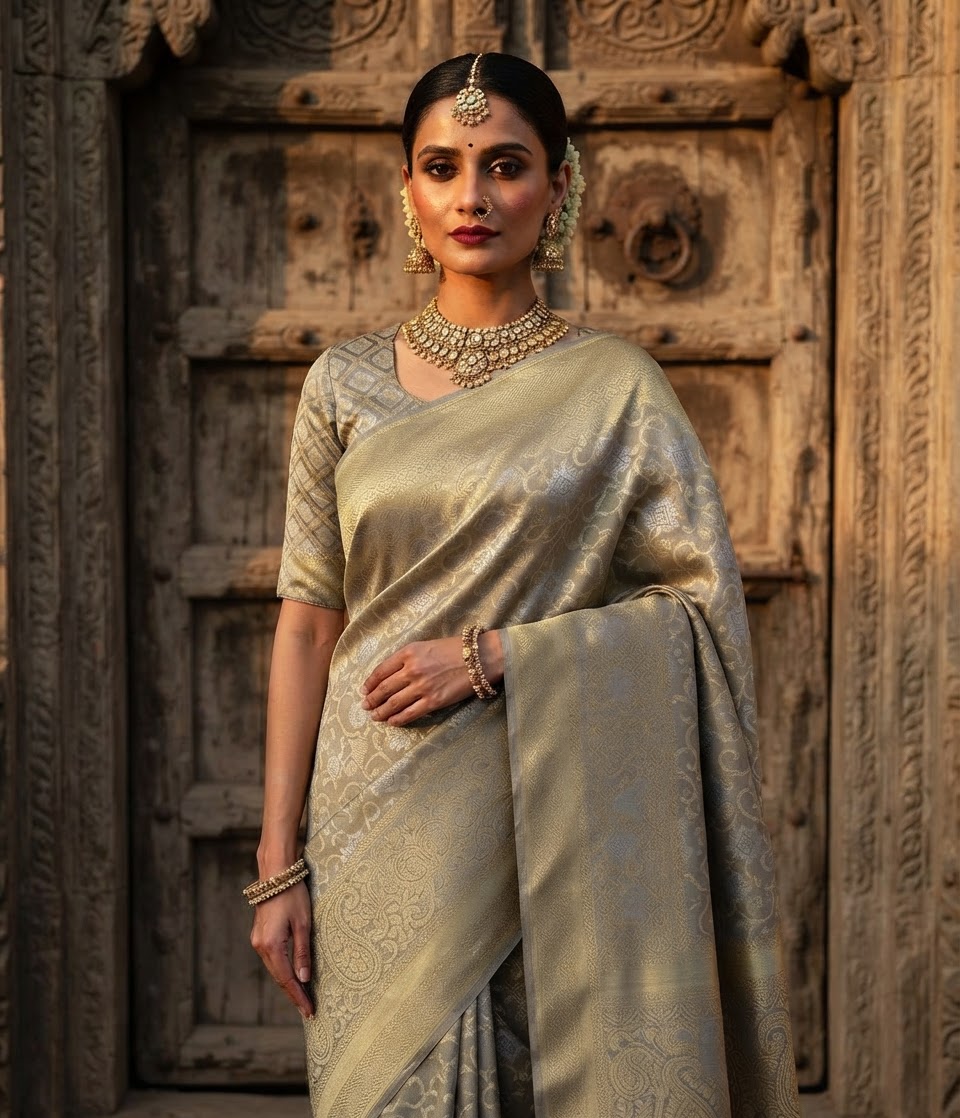 Grey & Gold Silk Jacquard Saree