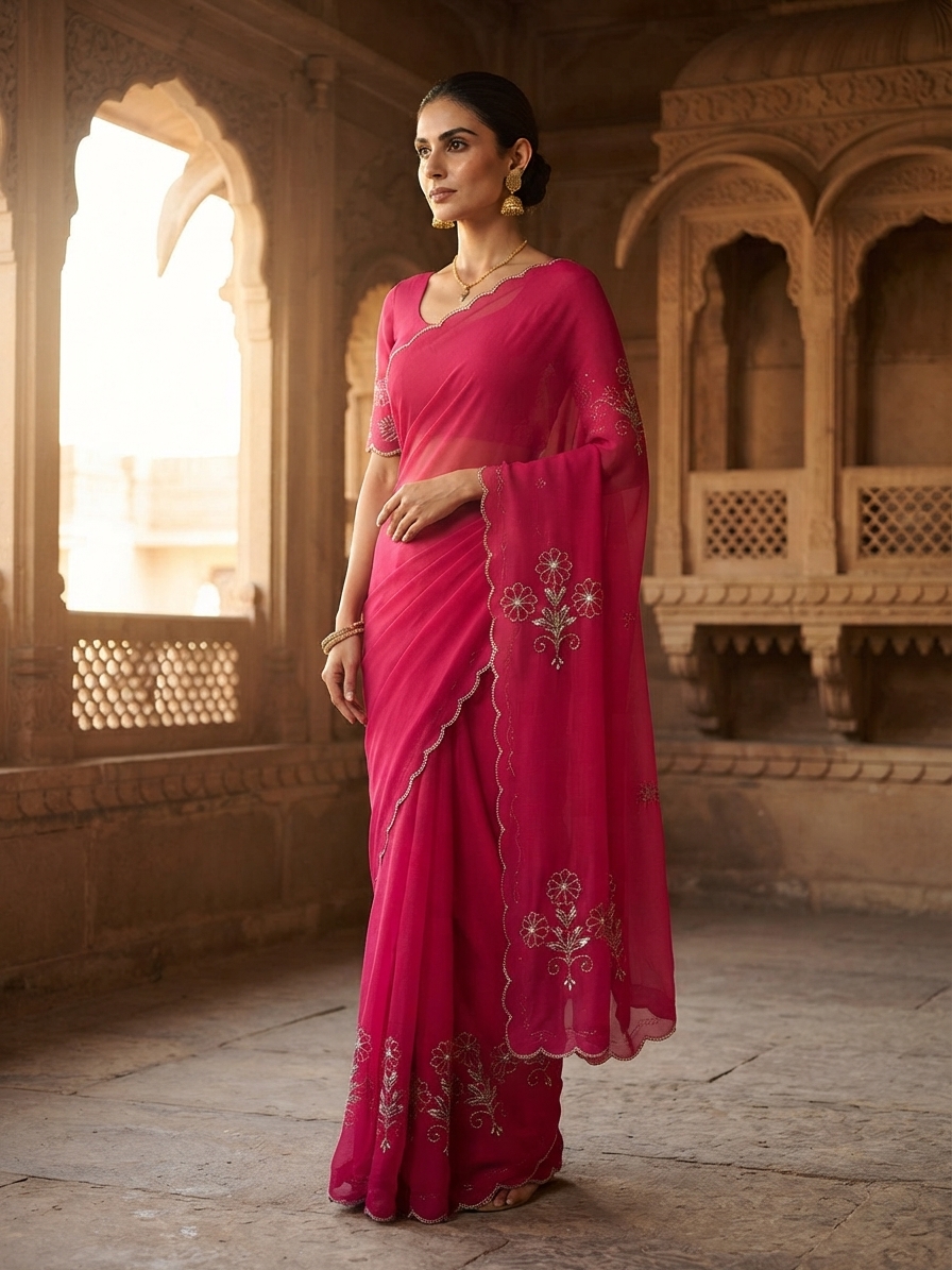 Pink Chiffon Saree with Cutdana Embroidery