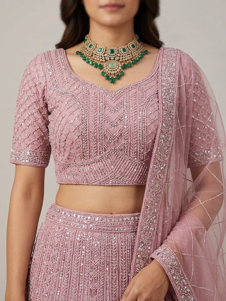 Pink Embellished Net Bridal Lehenga Set