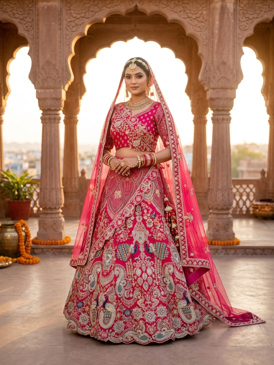 Bridal Lehnga — Indian bride wearing it · Palace courtyard