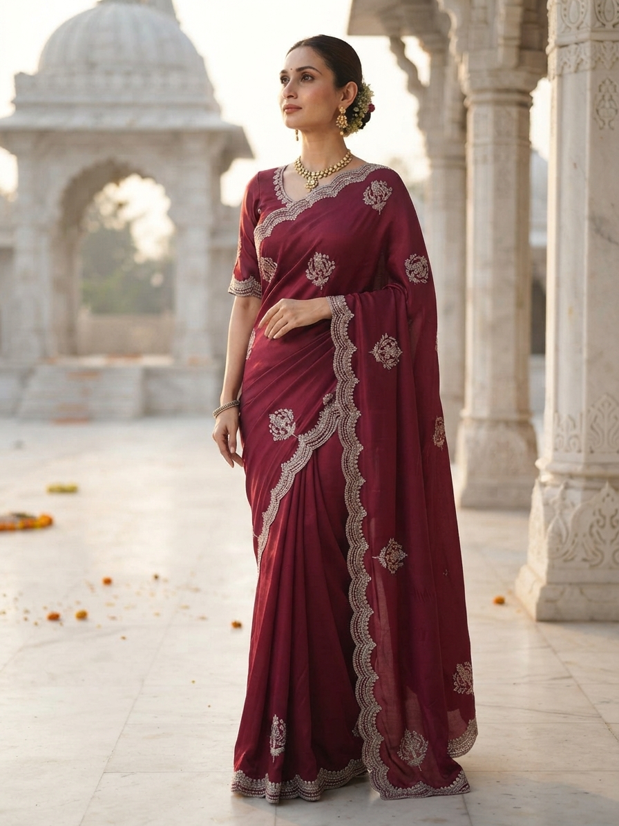 Maroon Crepe Resham Embroidered Saree