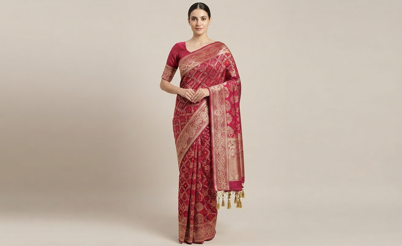 Rani Pink Pure Georgette Bandhani Saree with Zari Border
