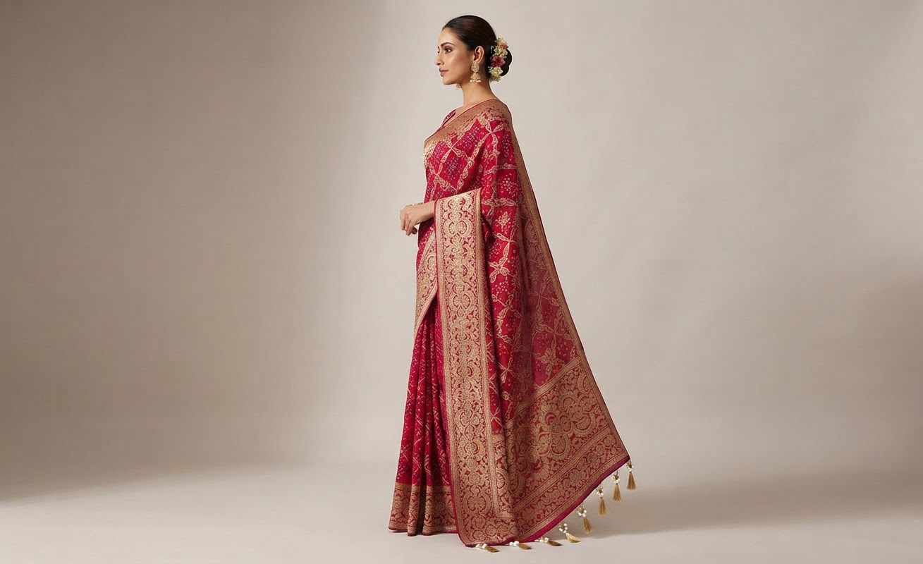 Bandhani Saree — Model — right side view