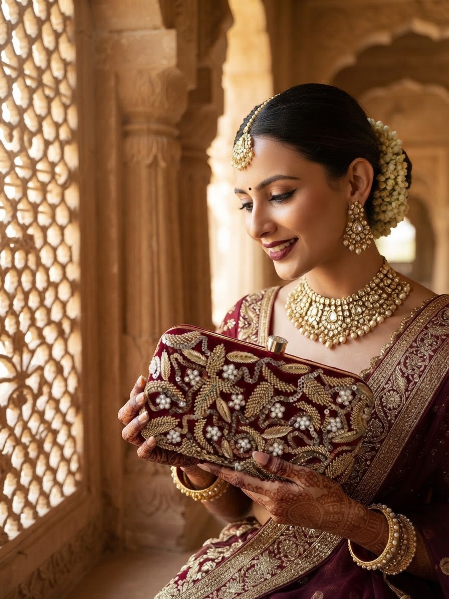 Maroon Velvet Embroidered Clutch Bag