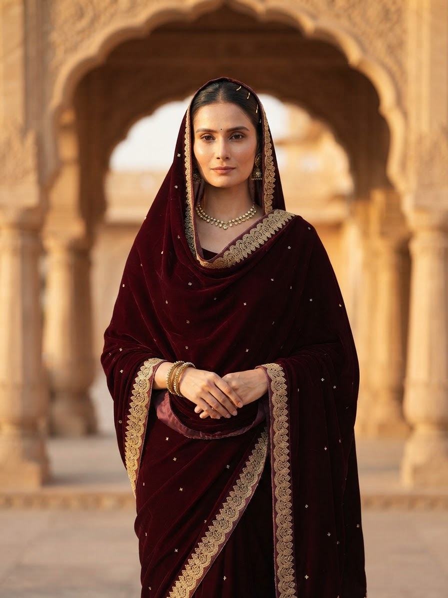 Festive woman wearing it · Palace courtyard