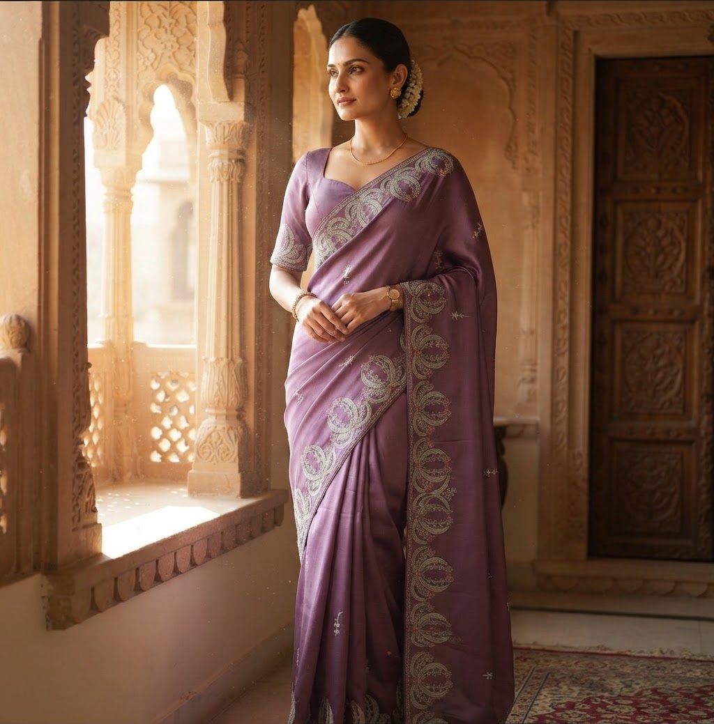 Lavender Crepe Saree with Resham Thread Embroidery