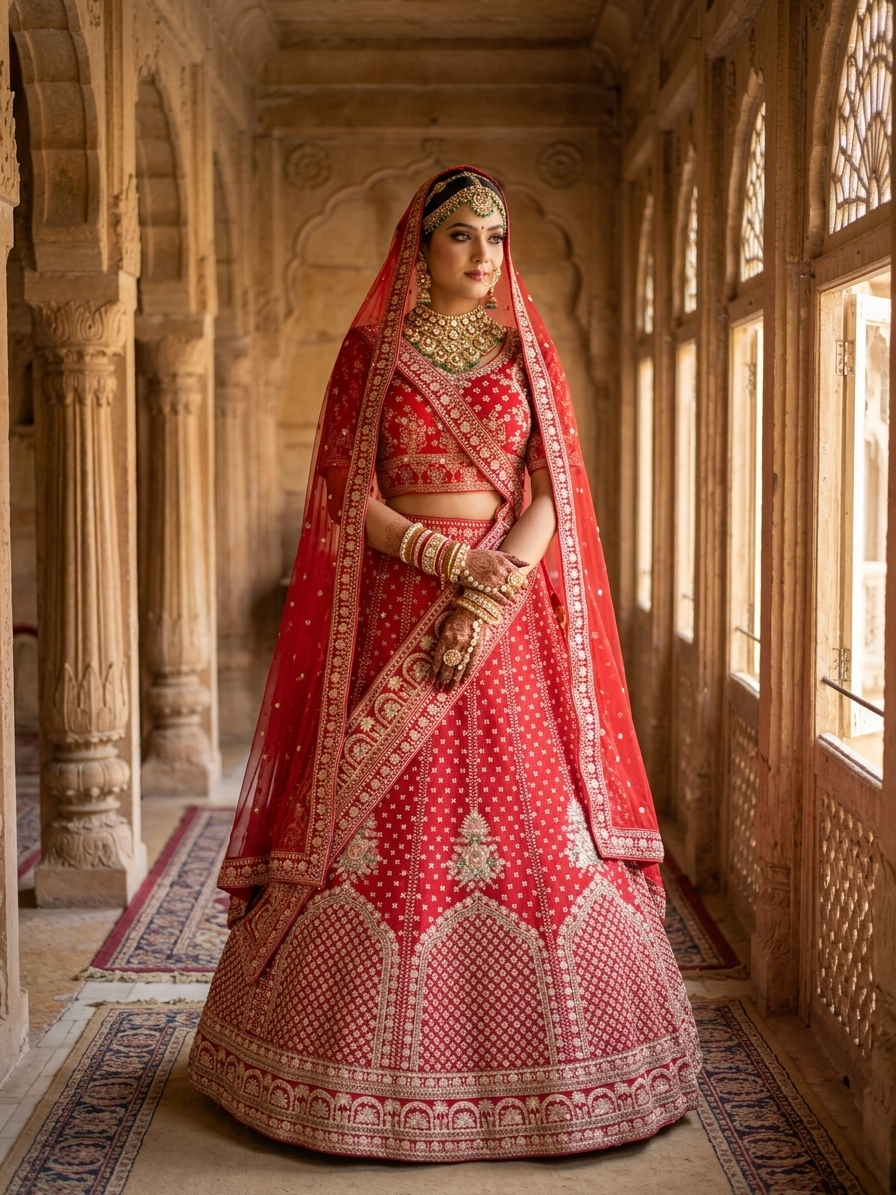 Red Raw Silk Bridal Lehenga with Cutdana & Pearl Embellishments