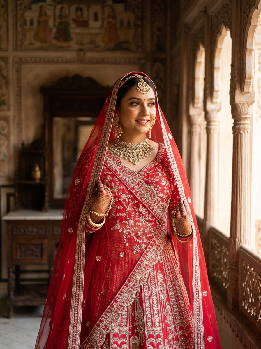 Red Raw Silk Bridal Lehenga with Scalloped Border Dabka Resham