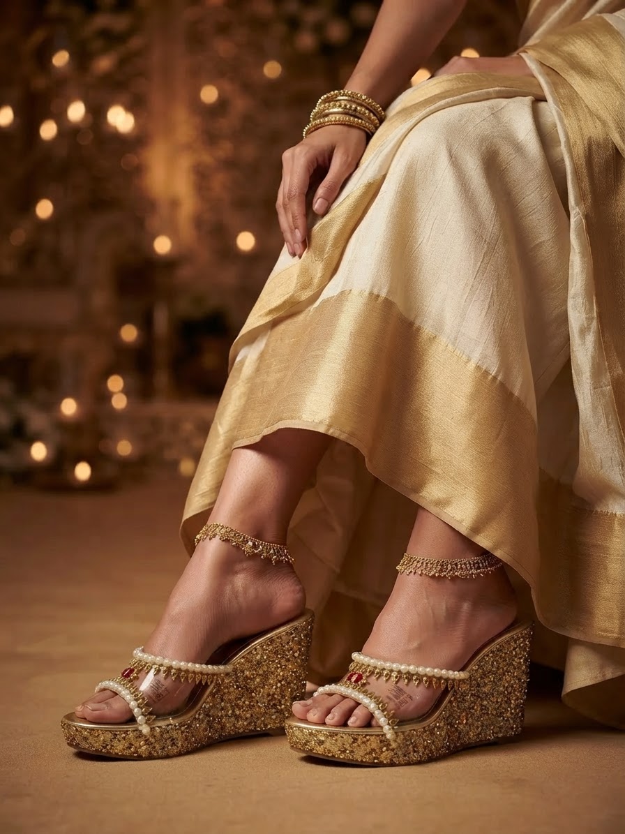 Gold Glitter Embellished Wedge Sandals