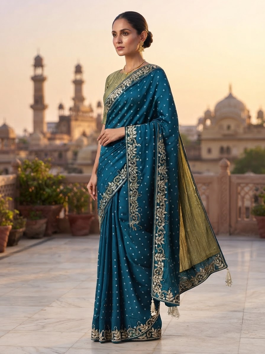 Teal Gajji Silk Bandhani Saree with Zardozi Embroidery