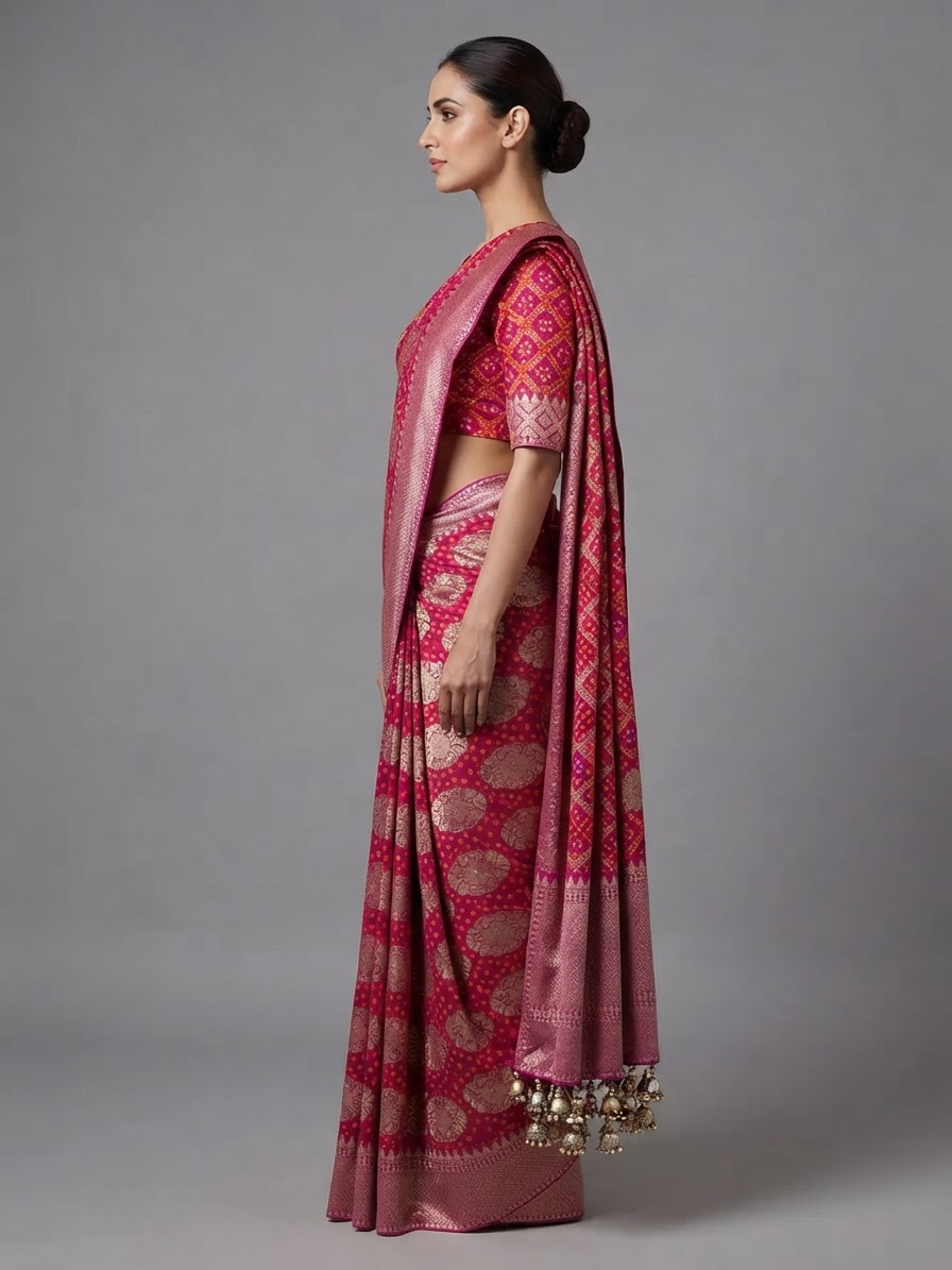 Bandhani Saree — Model — left side view