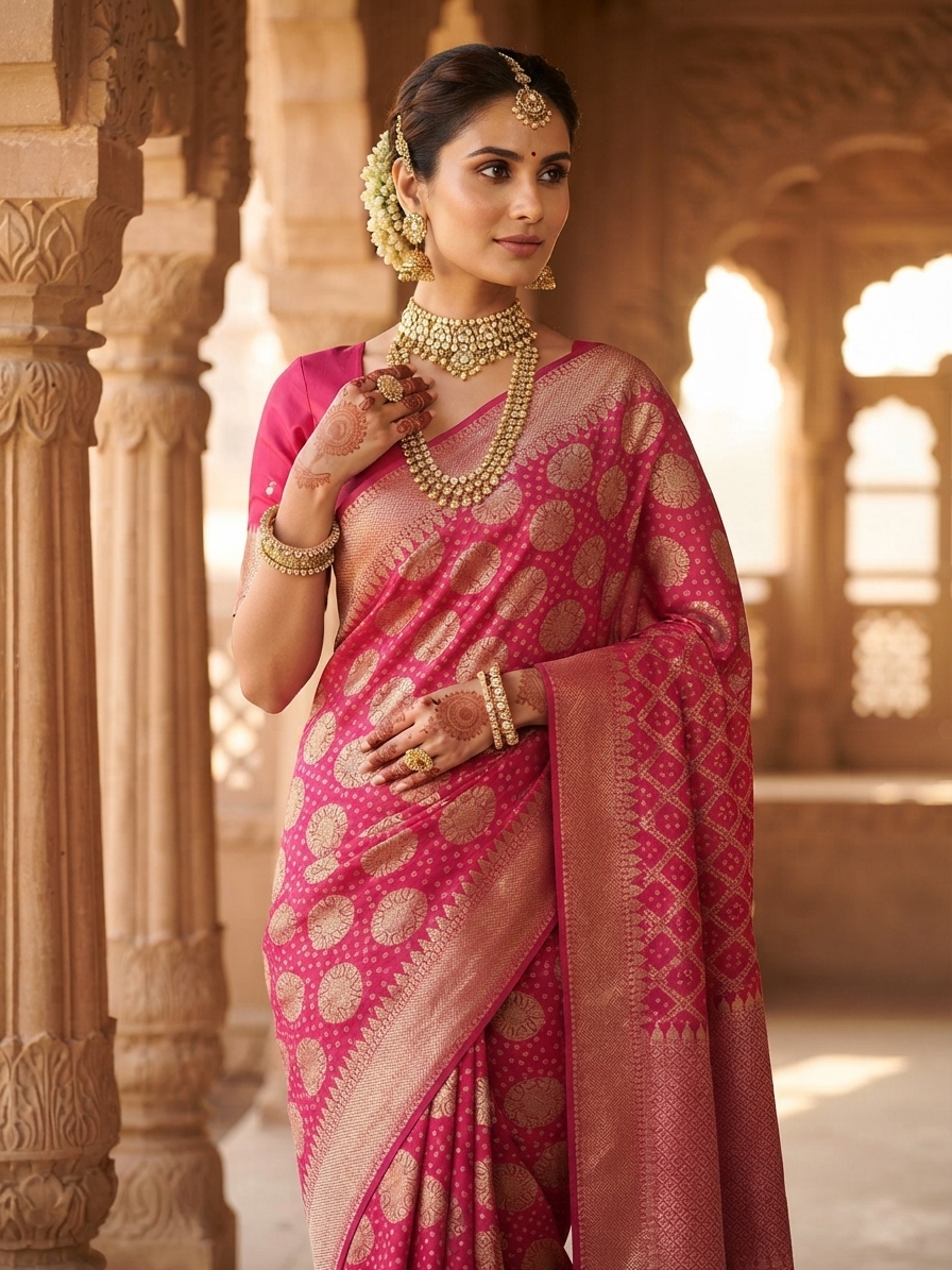 Pink Pure Georgette Bandhani Zari Saree