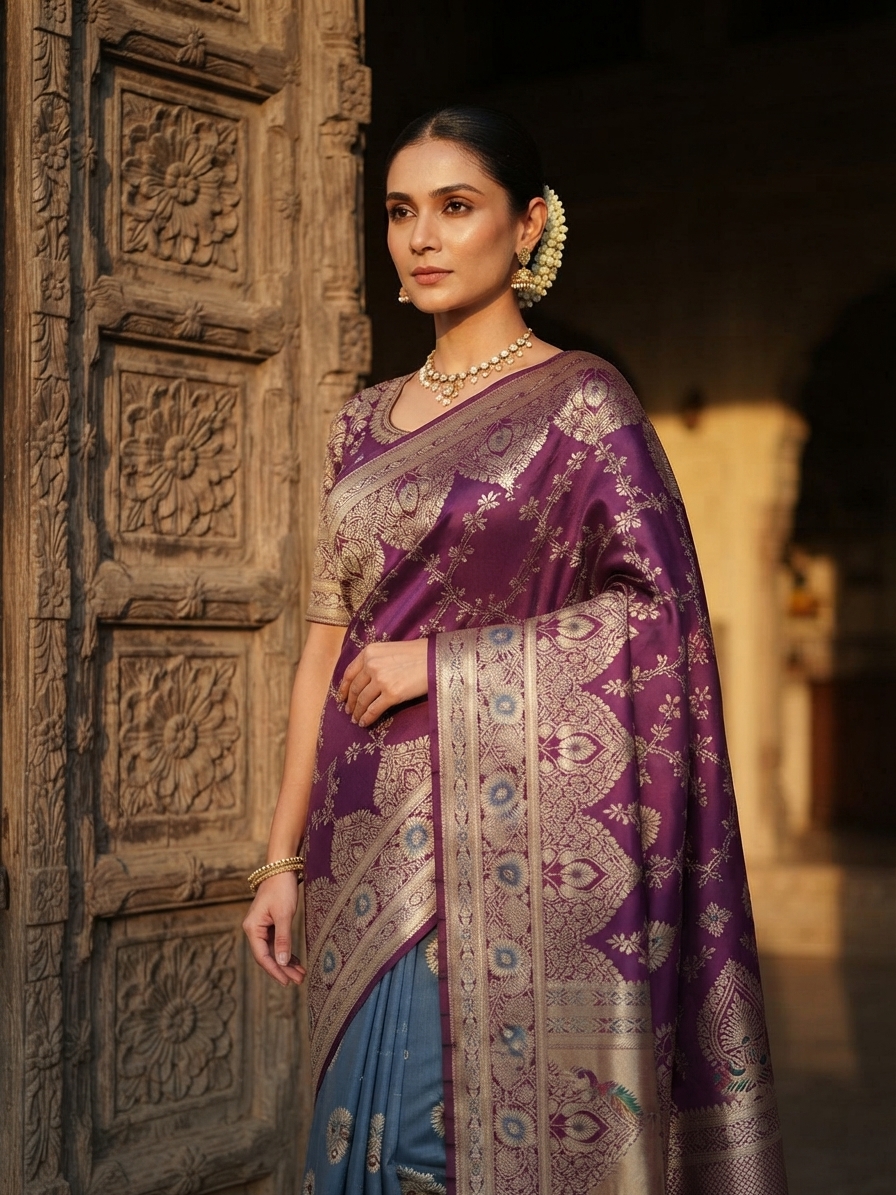 Wine and Blue Banarasi Silk Saree with Zari Work