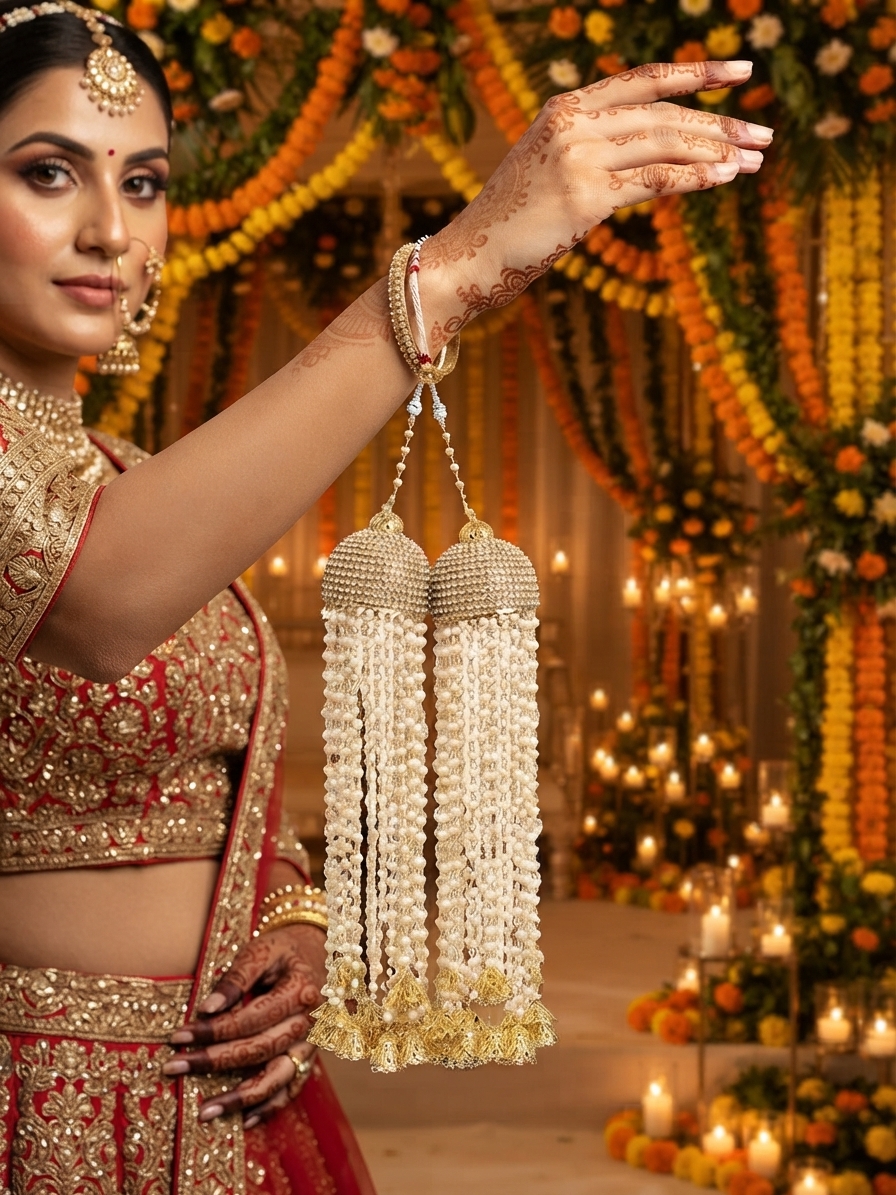 Handcrafted Polki Pearl Cascading Bridal Kaleera With Jhumka