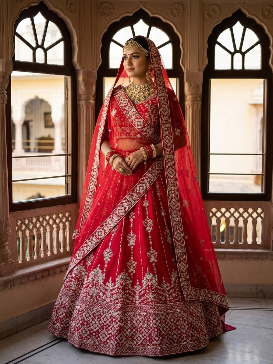 Red Raw Silk Bridal Lehenga with Zardozi and Threadwork