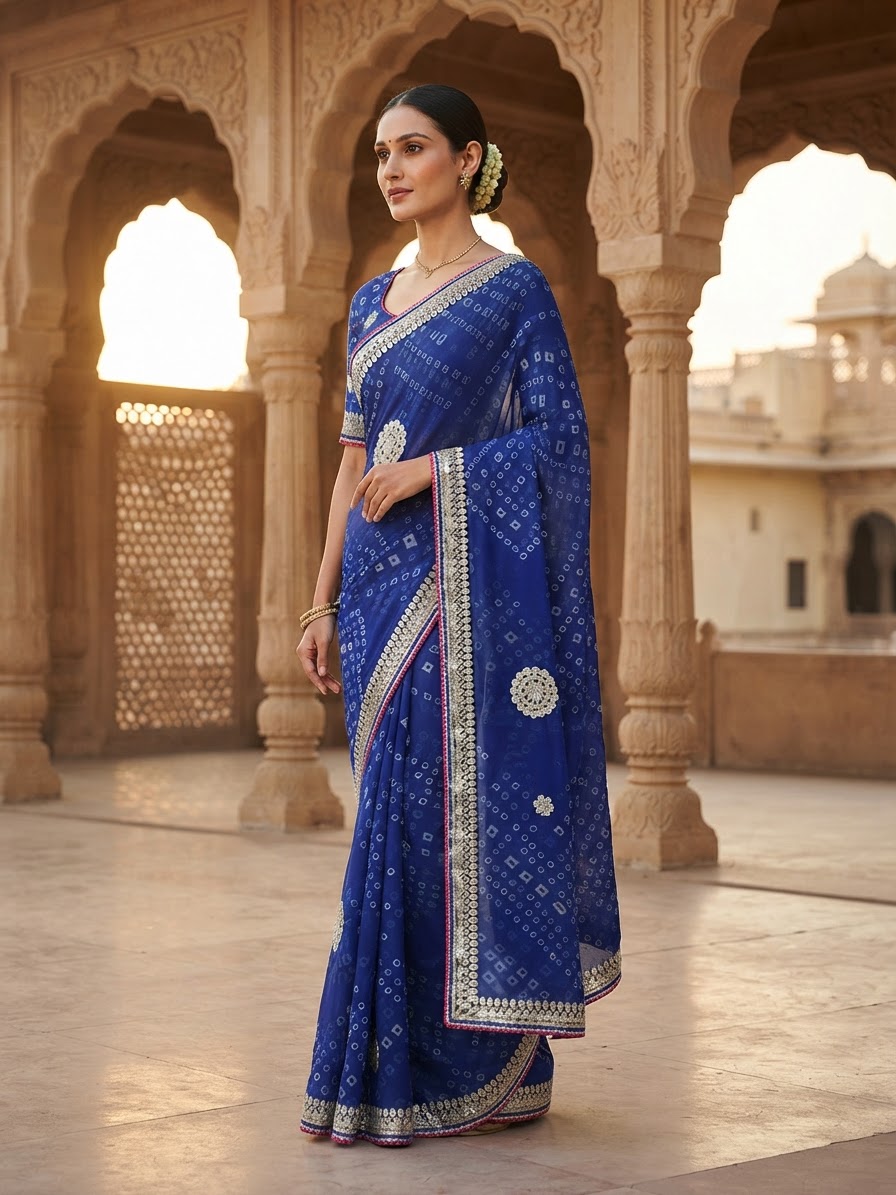 Royal Blue Georgette Bandhani Saree with Gota Patti Work