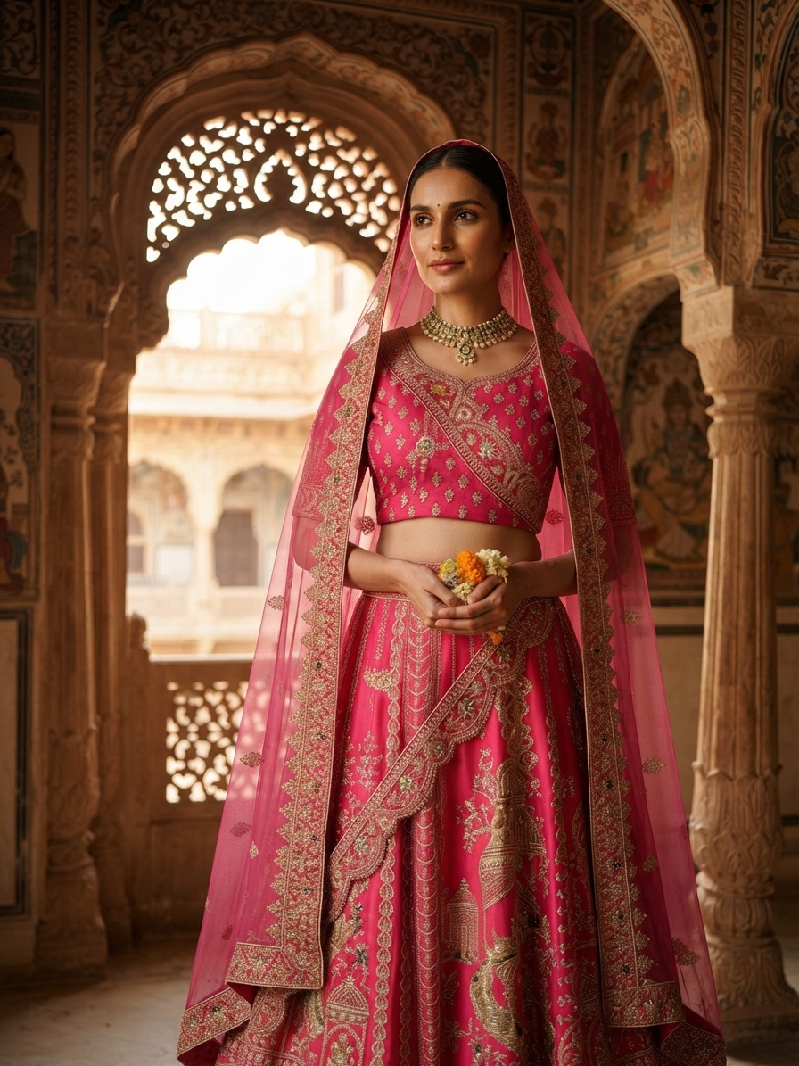 Pink Raw Silk Bridal Lehenga Set