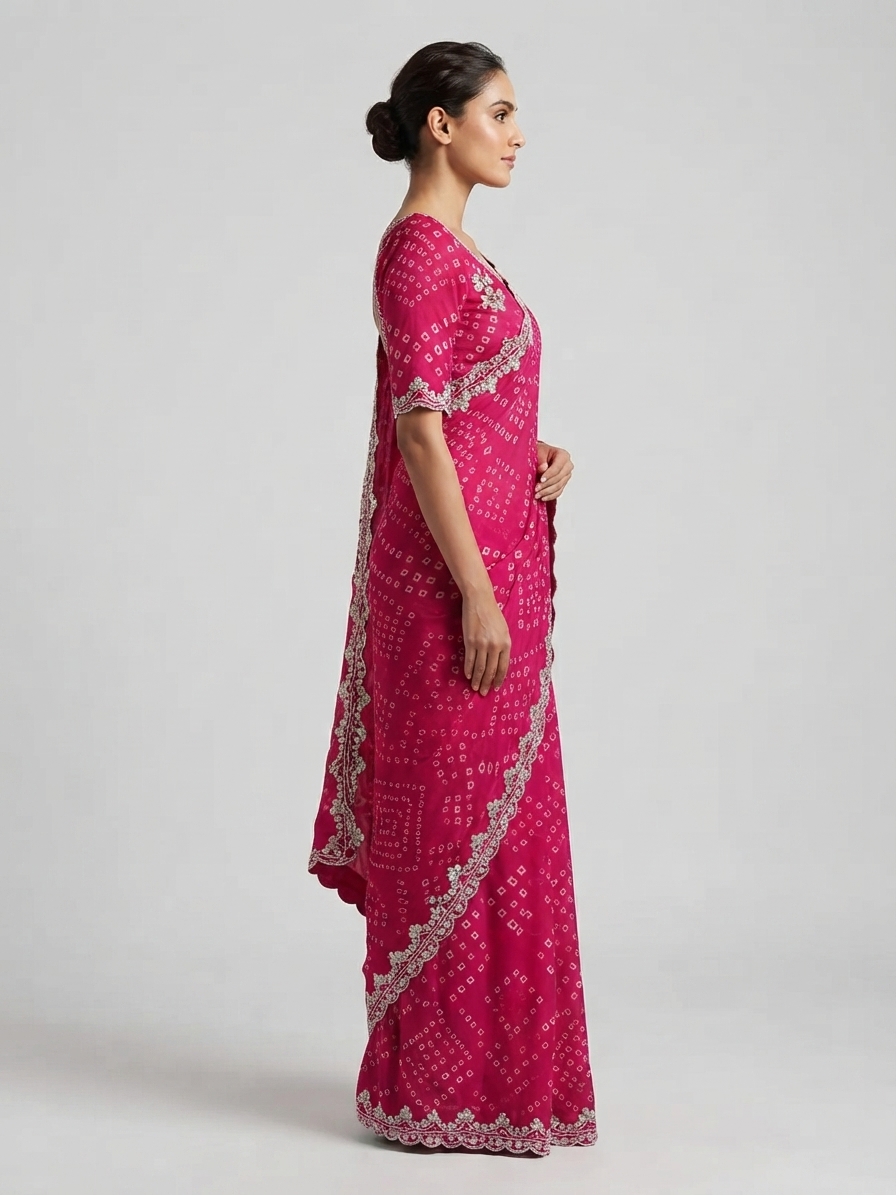 Bandhani Saree — Model — right side view