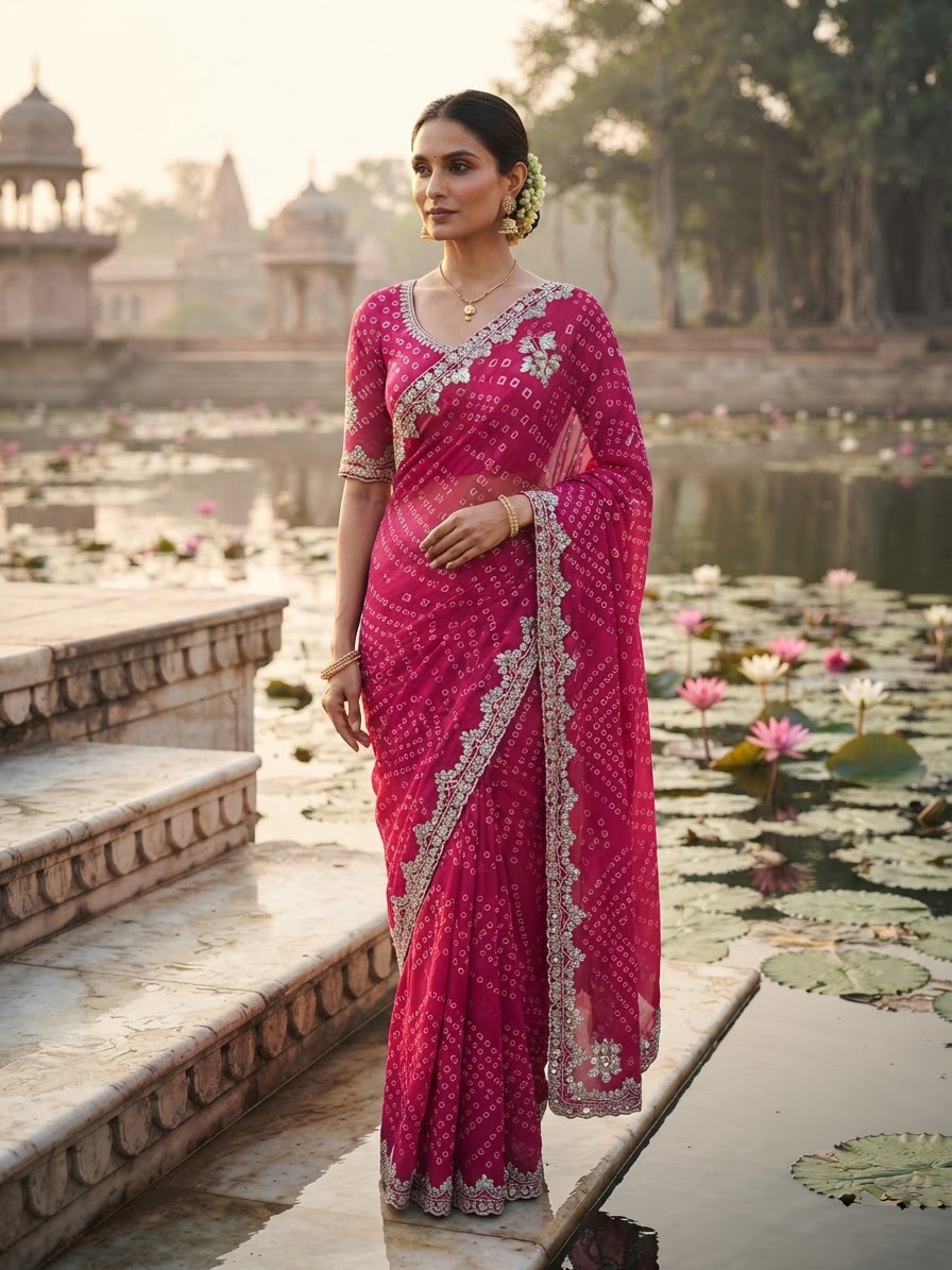 Bandhani Saree — Festive woman wearing it · Lotus pond ghat