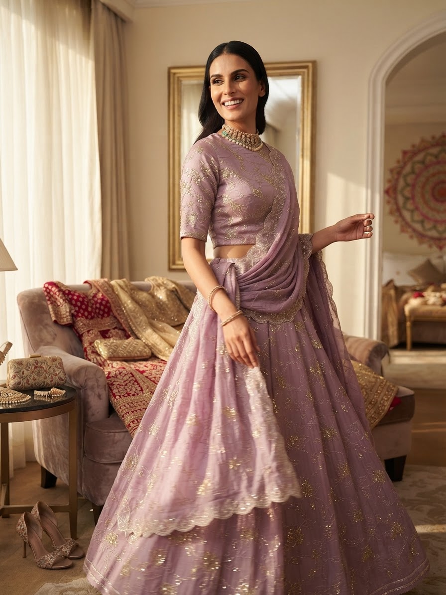 Lavender Tissue Designer Lehenga with Intricate Embellishments